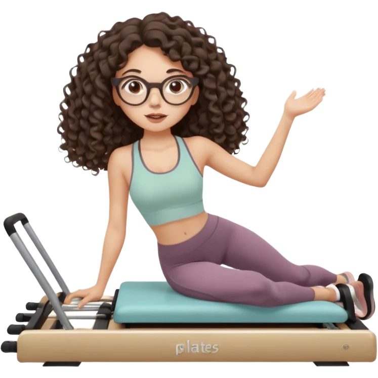 Memoji-style girl with long dark brown curly hair, round glasses, large brown eyes, soft rounded face,makeup, warm beige skin tone, wearing Pilates activewear performing Pilates and reformer Pilates exercises on a reformer machine, pastel color palette, smooth soft shading emoji