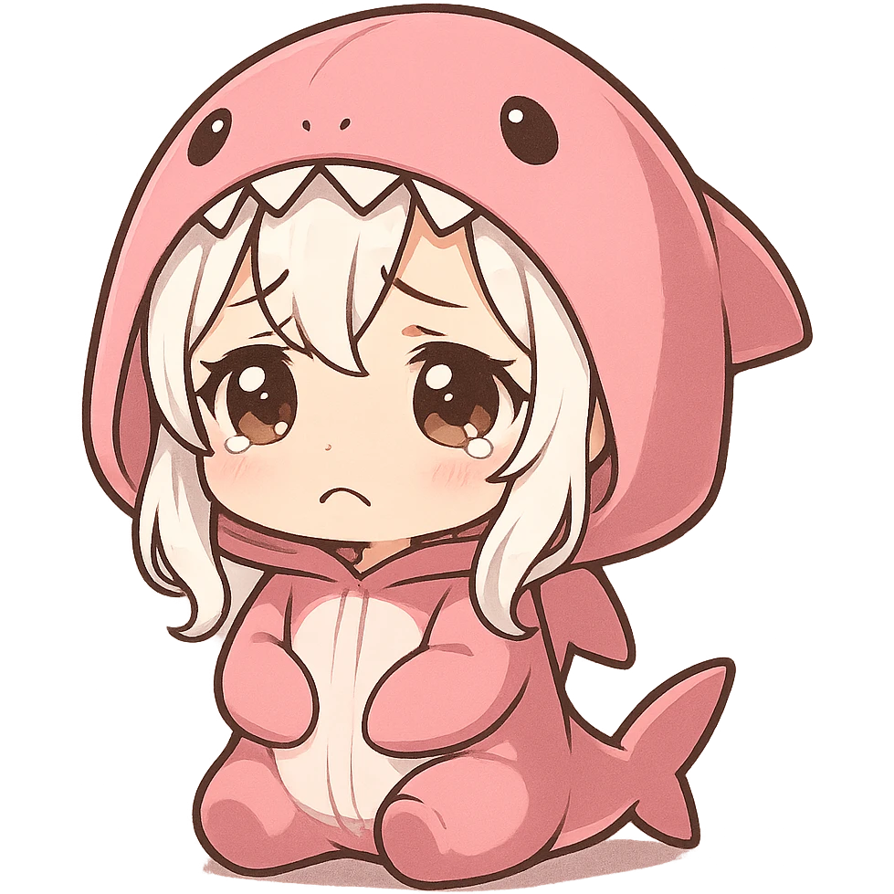 chibi style anime girl with white hair in a pink shark onesie, adorable sad face emoji