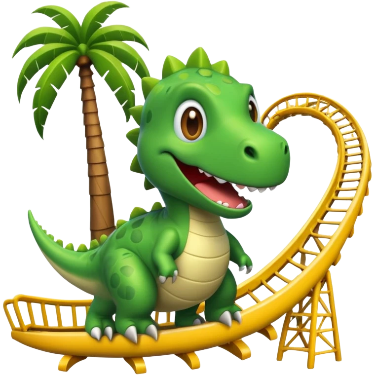 cute dinosaur next to a palm tree and a roller coaster, emoji style emoji