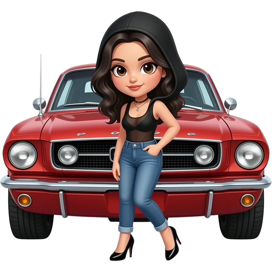 Pale girl with wavy jet black hair and brown eyes, head plunged into the hood of a red ford mustang 1968 coupe. Girl wearing a sheer black sleeveless top, low rounded neckline, jeans and heels with visible toes. emoji