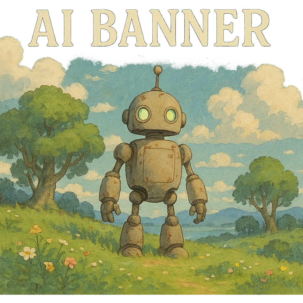 AI banner with whimsical robot in a dreamy landscape emoji