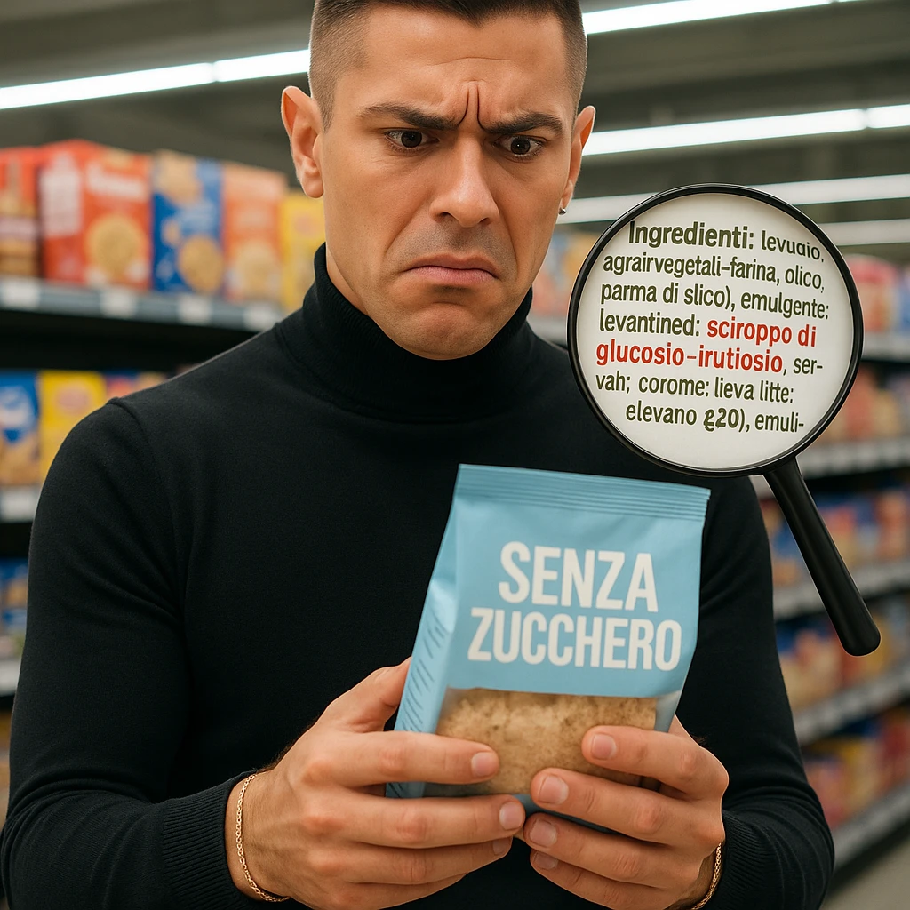 Man in supermarket, holding a 'SENZA ZUCCHERO' product, ingredient list with 'sciroppo di glucosio-fruttosio' in bold red, confused face, floating magnifying glass, hyper-realistic, harsh fluorescent lighting. Variant 5. emoji