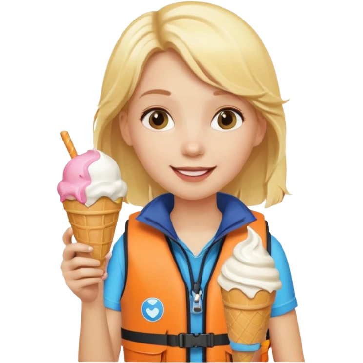 girl blonde kid wearing lifejacket, holding ice cream emoji