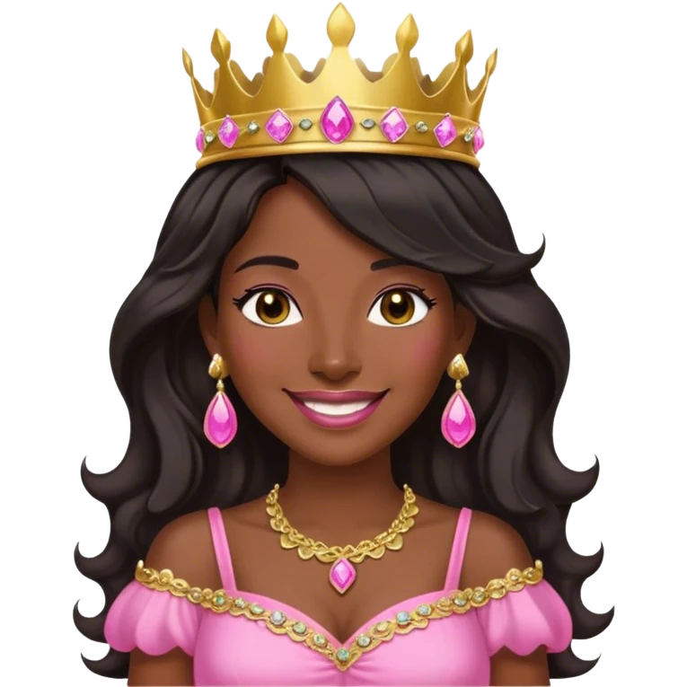 Crown dark black women smiling with really longer lightly WAVY hair pink dress pink crown facing forward black hair middle age adult woman gold gems in crown gold earrings  one woman smiling wink emoji