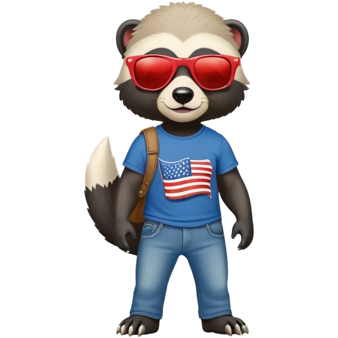 friendly anthropomorphised honey badger in jeans and a t-shirt, wearing sunglasses, dressed for USA Independence Day with red, white, and blue clothing emoji