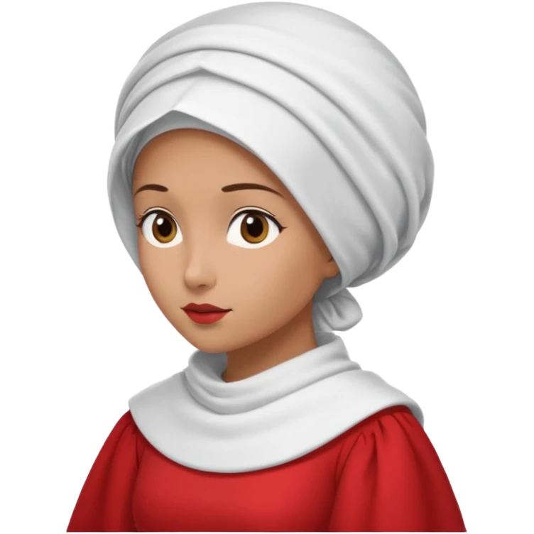 mujer de perfil con un vestido rojo de manga y falsas largas y voluptosas, y una toca blanca GRANDE que no se le ve la cara porque la toca la cubre emoji