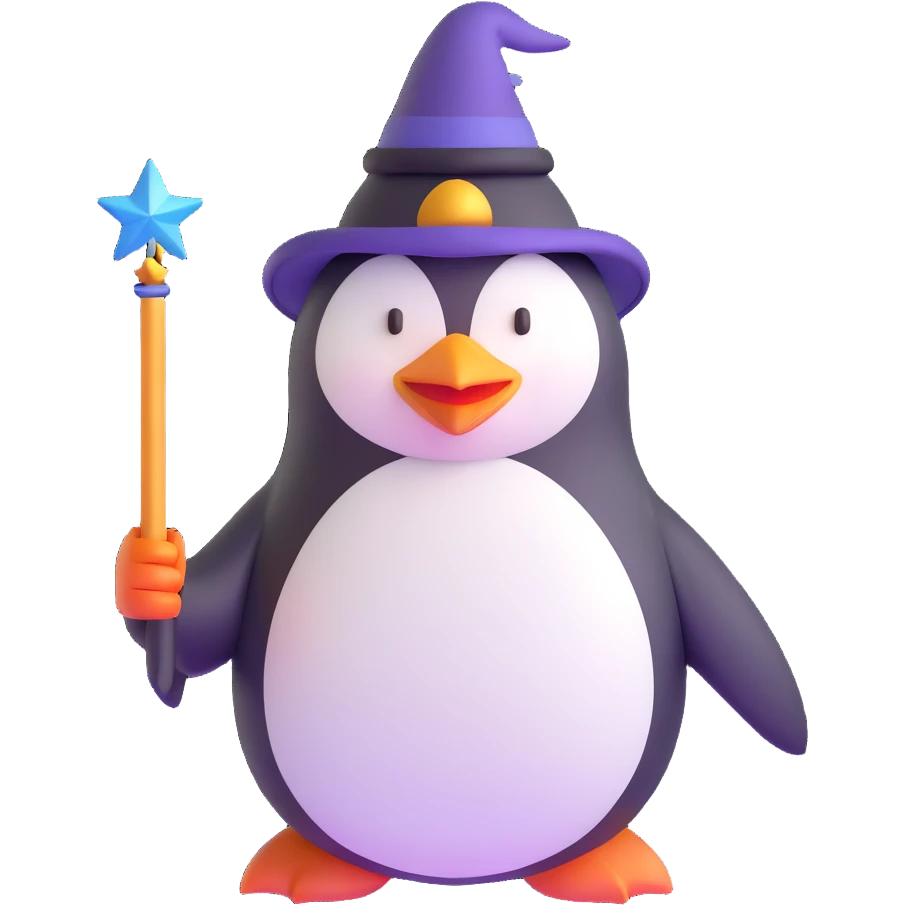 penguin wizard with magic wand and pointed hat emoji