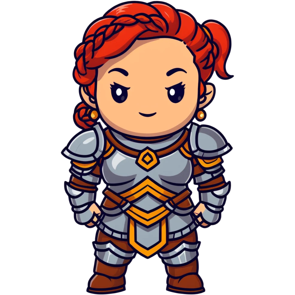 female dwarf from Lineage 2 with braided red hair, stocky build, wearing fantasy armor and jewelry emoji