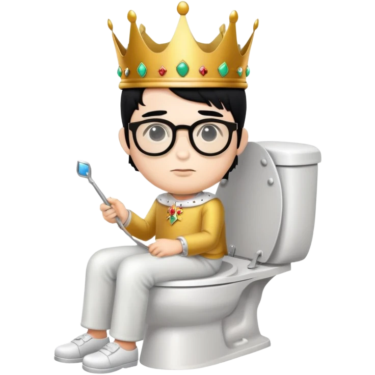 King with crown sitting on a toilet, wearing round glasses and black hair emoji