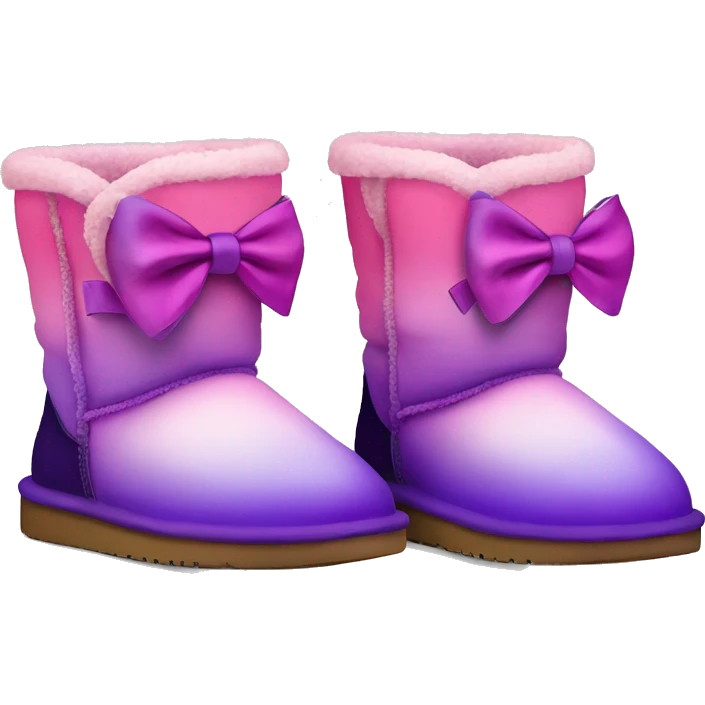 Realistic pair of pink to purple ombre fur Ugg boots with silk ribbon bows. emoji