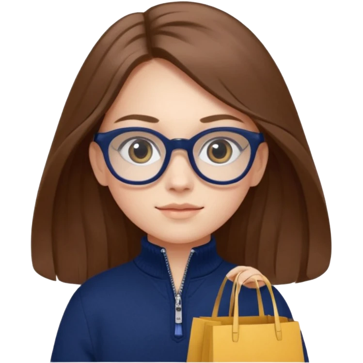 A little girl (he usually calls her baby), who is obsessed with shopping and luxury brands and holds a dozen of bags, she wears navy blue half zip sweater and holds 10 bags and she has long brown hair with Prada eyeglasses  emoji