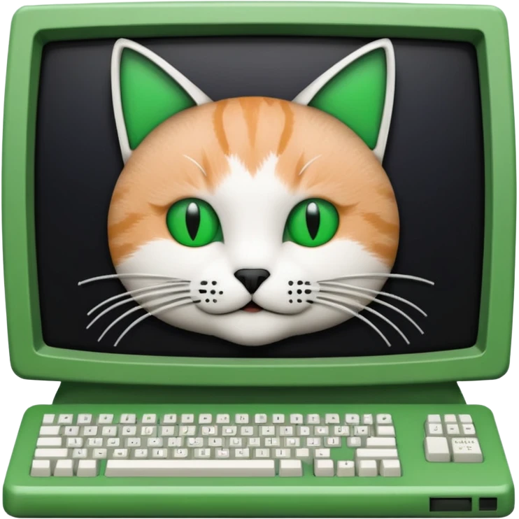mac os icon code computer retro terminal, black, green white, cat draw with ASCII code inside the terminal emoji