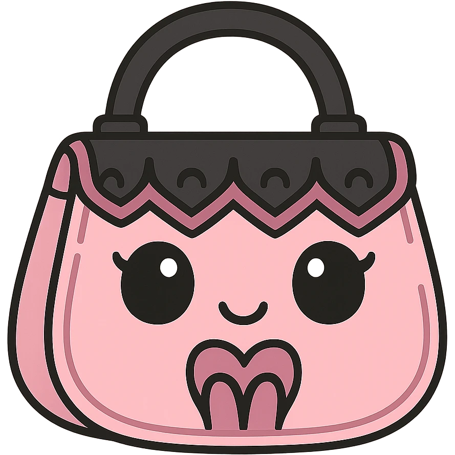 pink and black gothic purse, kawaii style, big eyes, smiling, cartoonish, playful emoji