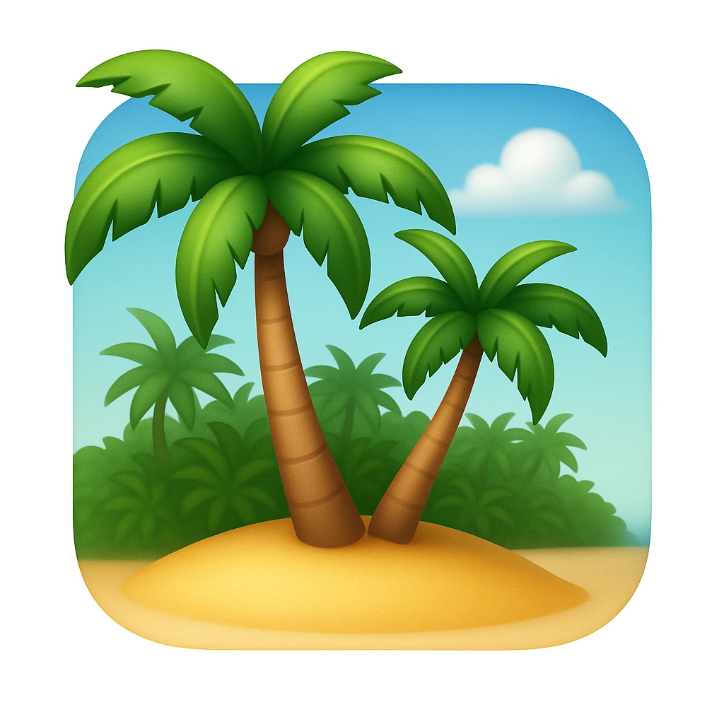 Create a beach emoji that looks exactly like the reference image in classic iOS emoji style. The emoji should have a 3D appearance with shiny, smooth gradients and soft shadows. Include palm trees and sand with the classic emoji look, emphasizing the 3D, shiny, smooth gradient style and soft shadows as seen in iOS emojis. emoji