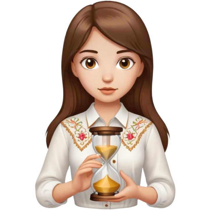 A Ukrainian girl with brown hair wearing a white embroidered shirt holds an hourglass in her hand emoji