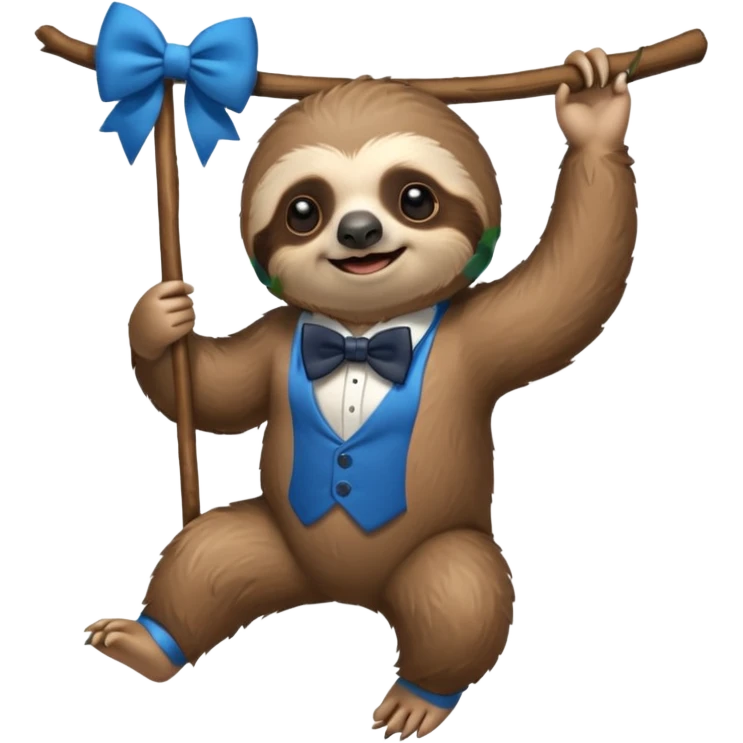 cute swinging Sloth on stick, blue bow tie emoji