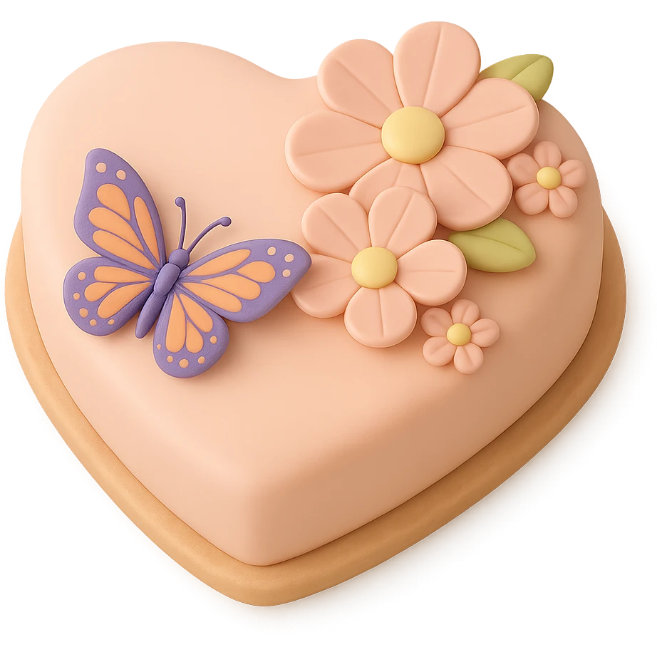 Make the butterfly smaller on the heart-shaped fondant cake with pink flowers, fondant cake art style, keep transparent background. emoji