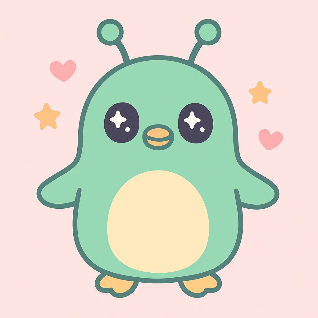 alien penguin, green skin, antennae, whimsical, cute style emoji