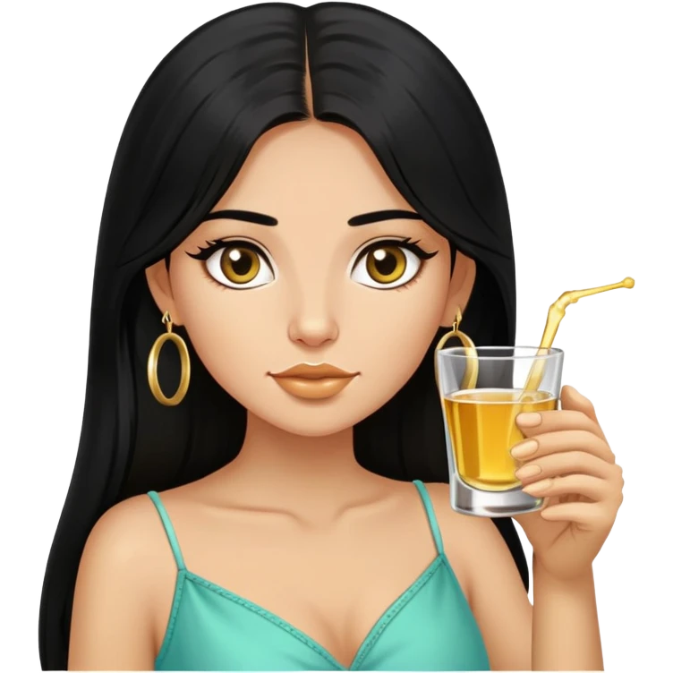 Girl with long black hair, small gold hoop earrings, and taking a tequila shot emoji