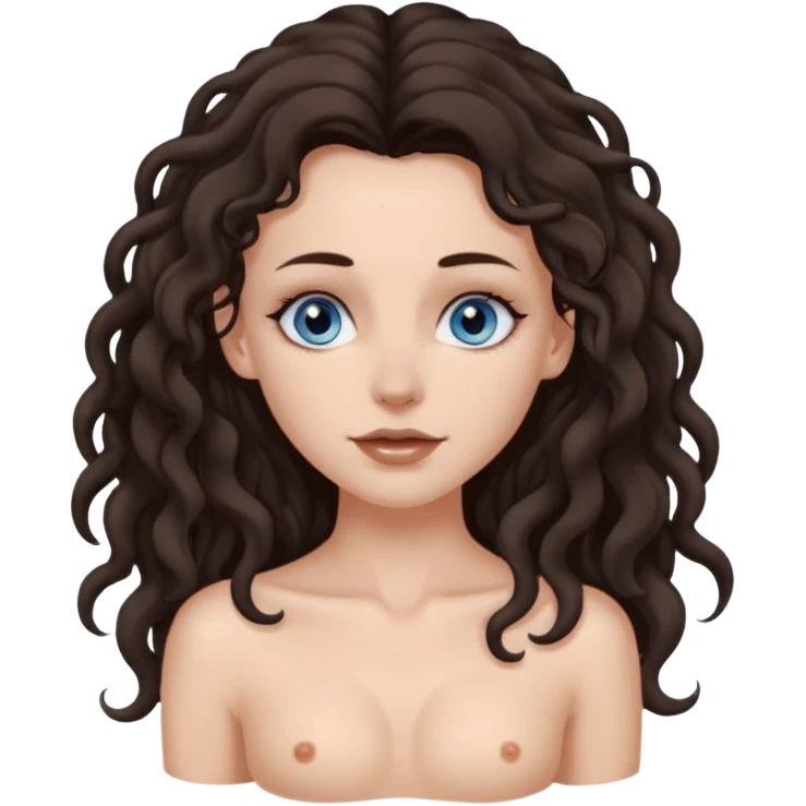 white girl, dark brown long slightly curly hair , skinni but with big breast , septum piercing on nose, beautiful dark gray-blue eyes, naked , skinny, showing her feet, emoji