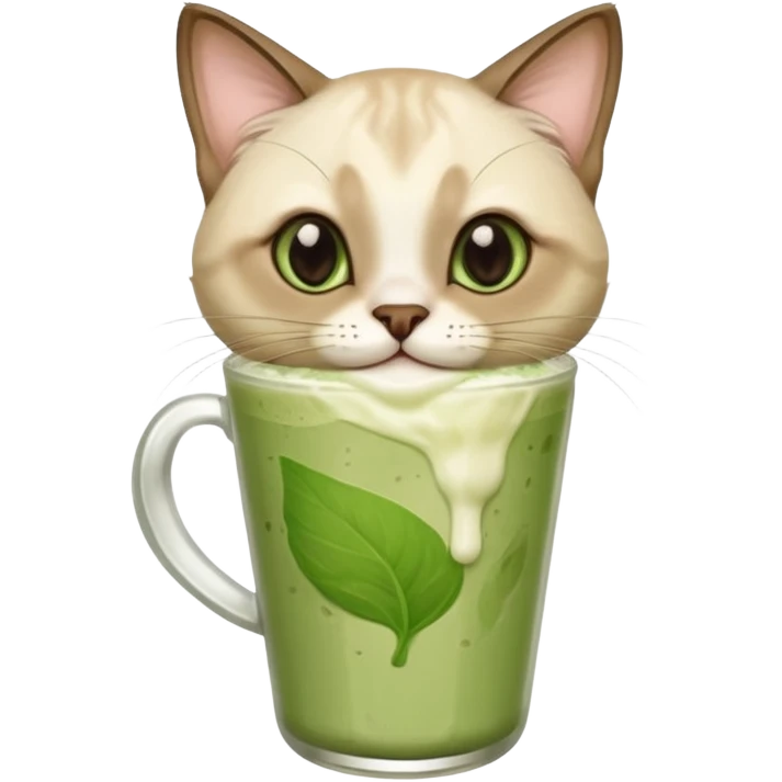 Happy Siamese Cat holding in its paws an iced matcha latte emoji