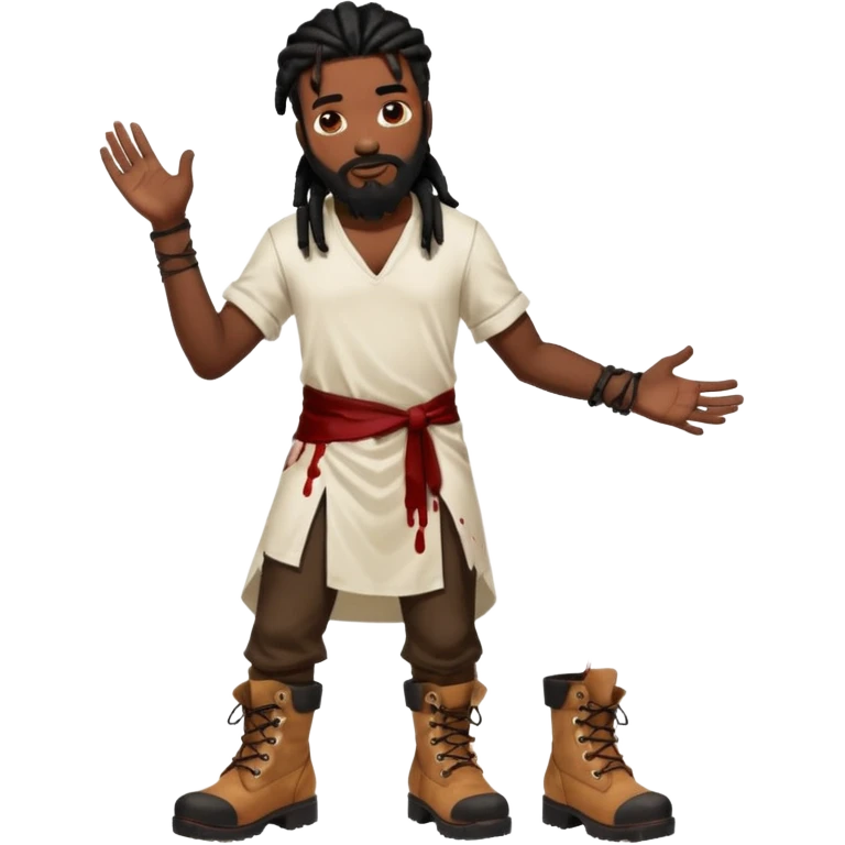 African American man with shoulder length black dreadlocks with black beard wearing a white tunic with blood on it wearing timberland boots with hands out clean emoji