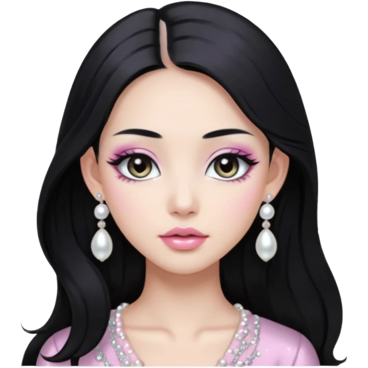 asian long black hair silver grey eyes glossy lips glittery white and light pink eyeshadow girl pearl earrings emoji
