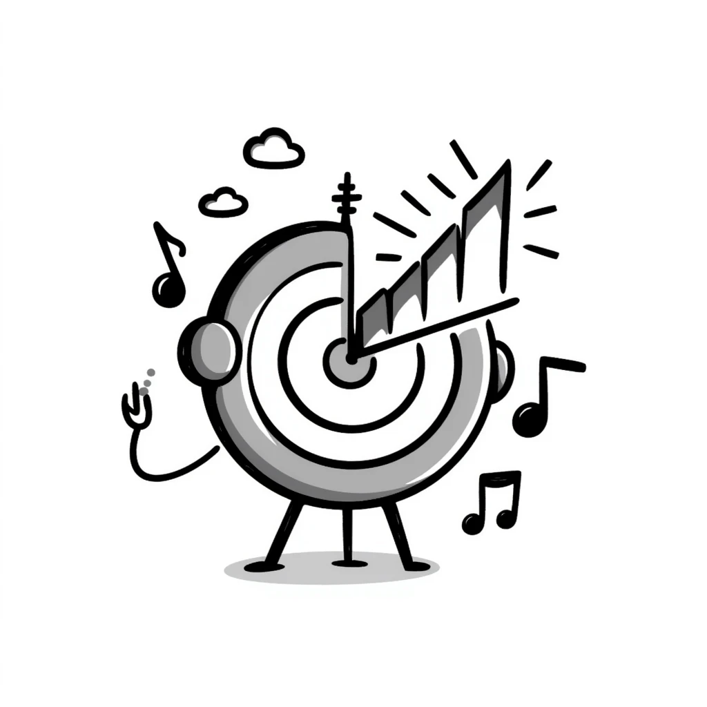 square emoji symbol of a symmetrical target with musical marketing details including headphones, musical notes, bar chart, doodle style, for online course cover emoji
