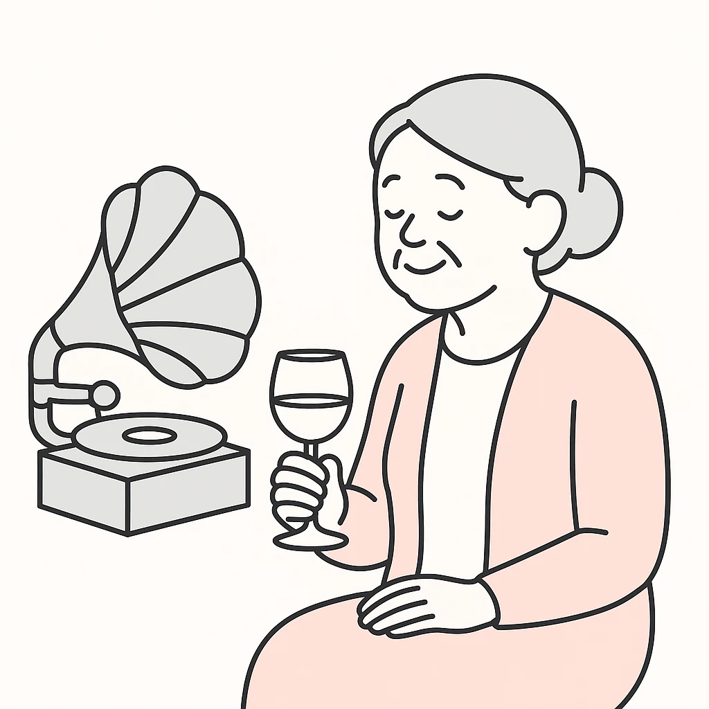 old lady with wineglass listening to gramophone emoji