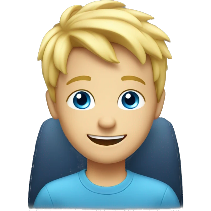 smiling blond boy in car with blue shirt and blue eyes and there is smoke and fire around him emoji