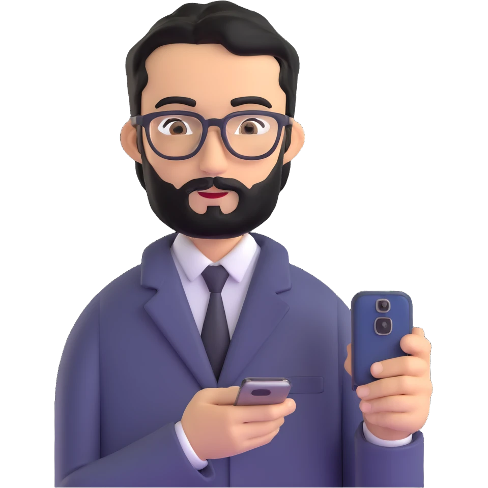 full body standing pose of same professional man with medium black beard, neat black hair, connected unibrow, olive tan skin, brown eyes, glasses, prominent nose, dressed in formal black jacket, with mobile phone emoji