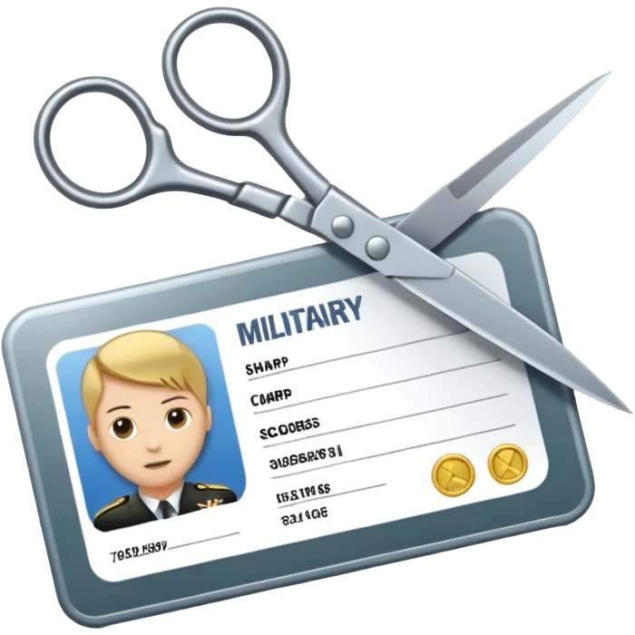 Scissors cutting military ID card in the middle front view emoji