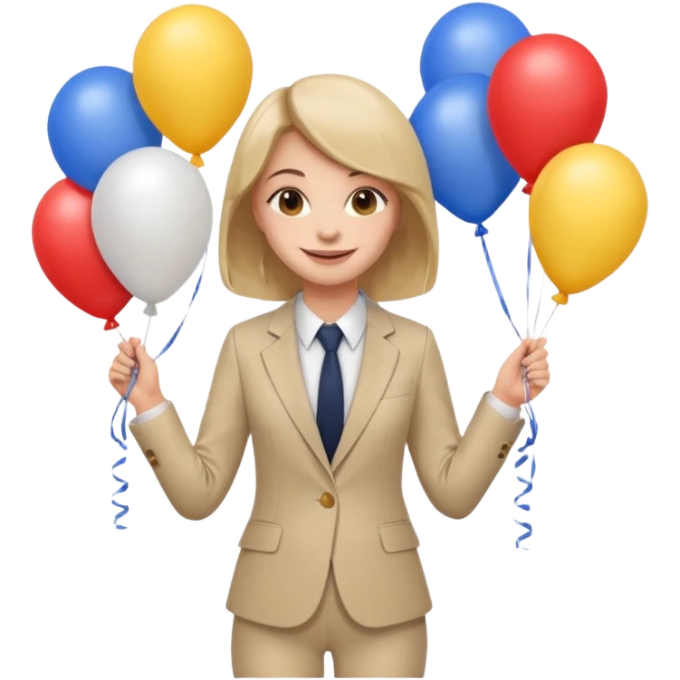 birthday  girl in biege suit + baloons emoji