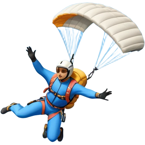 A base jumper soaring through the air, parachute deployed, flying off a steep mountain peak. The background is filled with majestic mountains, clear blue sky, and distant clouds, capturing the exhilarating thrill and beauty of extreme sports. emoji