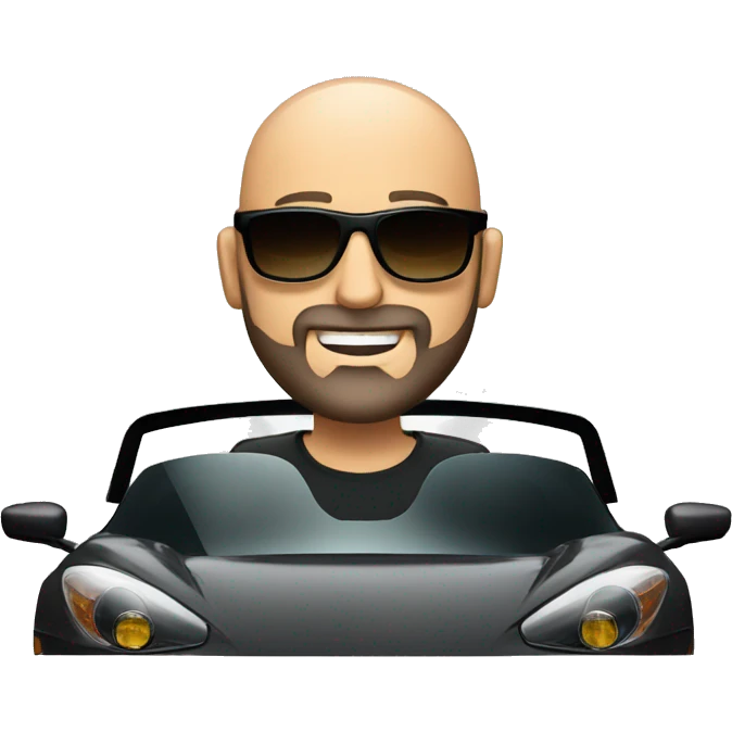 good looking bald man with a beard and sunglasses driving a sports car emoji
