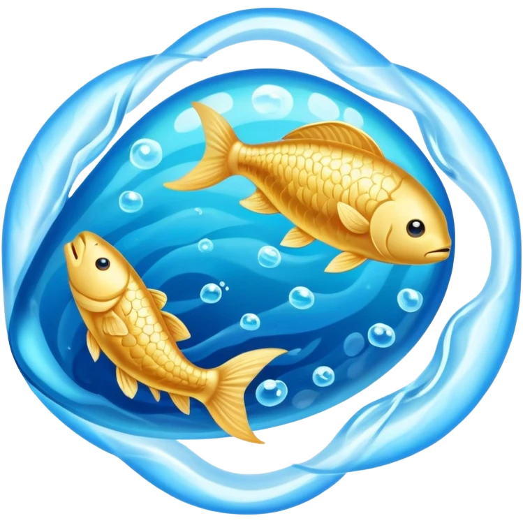 Luminous golden omega-3 capsule amid flowing blue currents, with a translucent fish circling a glowing brain. Soft blue waves radiate outward from the brain toward a faintly visible heart, showing the connection between omega-3, brain health and cardiovascular benefits. emoji