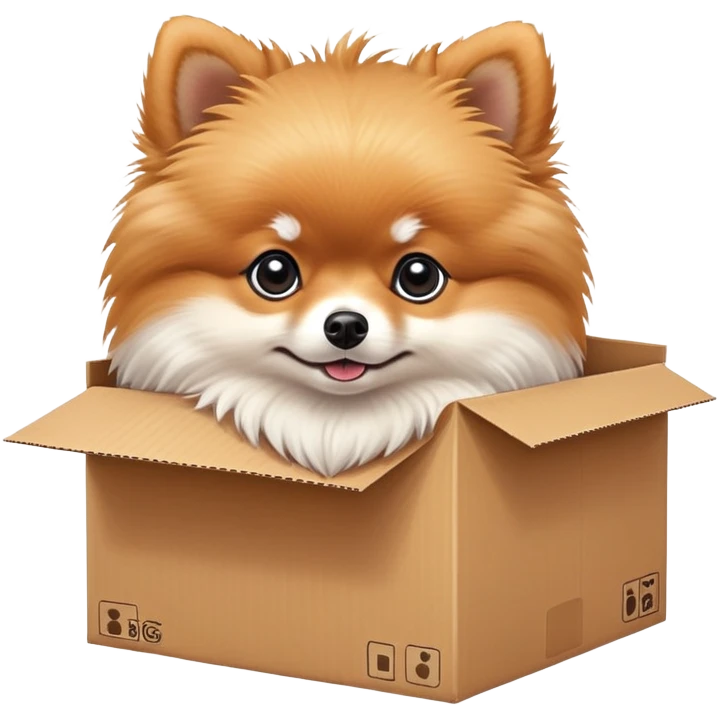  A very cute young pomeranian  with one's head tilted to one side poked its paws out of the cardboard big box and placed them on top of it emoji