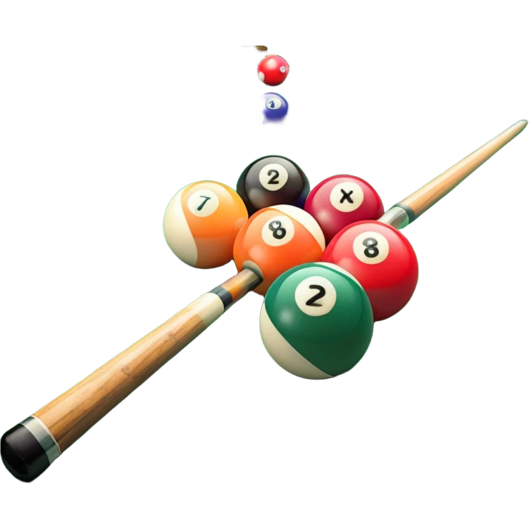 Two crossed pool cues resting on a billiard table, with colorful billiard balls scattered across the surface. The background features the felt of the table, creating an inviting atmosphere for a game of precision and strategy emoji