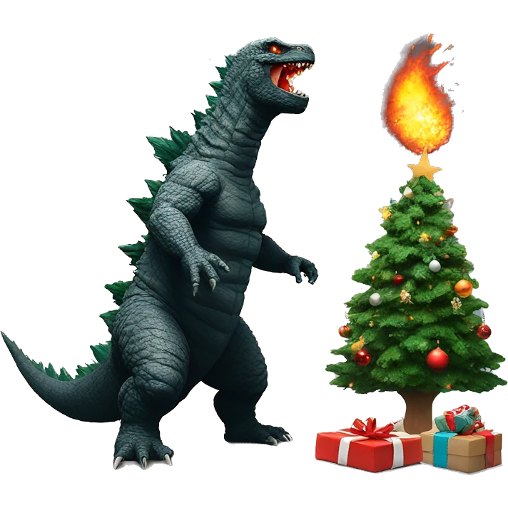 Godzilla destroying a Christmas tree with fire breath emoji