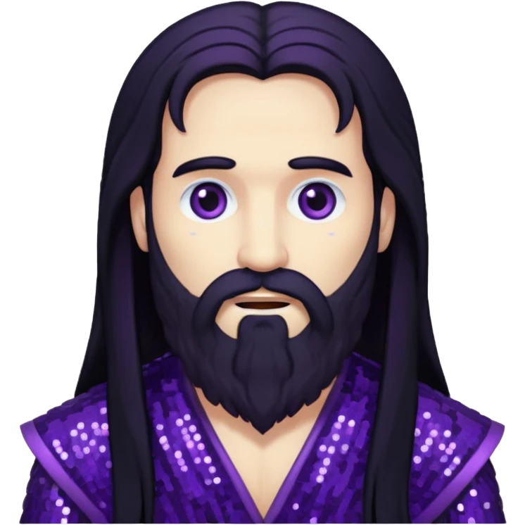 Pluto, God of Death from Gods and Goddesses with long black hair and beard, deep purple sequin outfit emoji