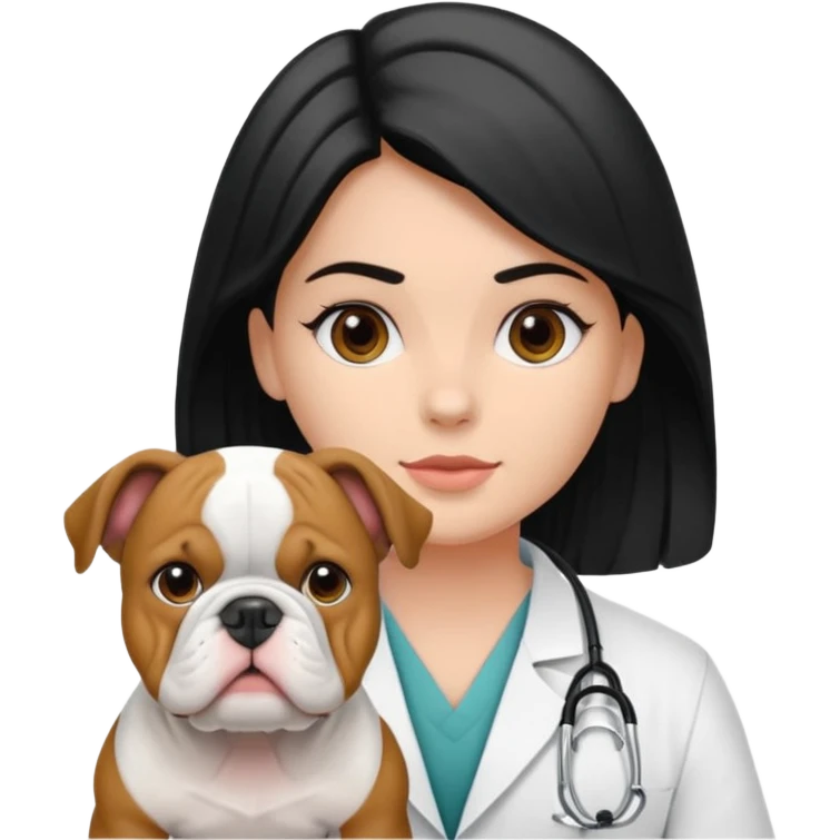 joven médico con el pelo un poco largo pero no tanto y lacio, que tenga un estetoscopio de color de piel tez negra calida !!! que sostiene un bulldog francés blanco y negro  emoji