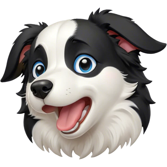 Cinematic Cute Yawning Border Collie Portrait Emoji, Head tilted slightly with a dramatic, wide-open yawn, showcasing a smooth black and white coat, floppy ears slightly drooping, round blue eyes barely open in drowsy contentment, Simplified yet irresistibly adorable features, highly detailed, glowing with a soft, cozy glow, high shine, relaxed yet alert, stylized with a touch of whimsy, bright and endearing, soft glowing outline, capturing the essence of a sleepy yet spirited herder, so drowsy it feels like it could stretch right out of the screen and curl up for a nap! emoji