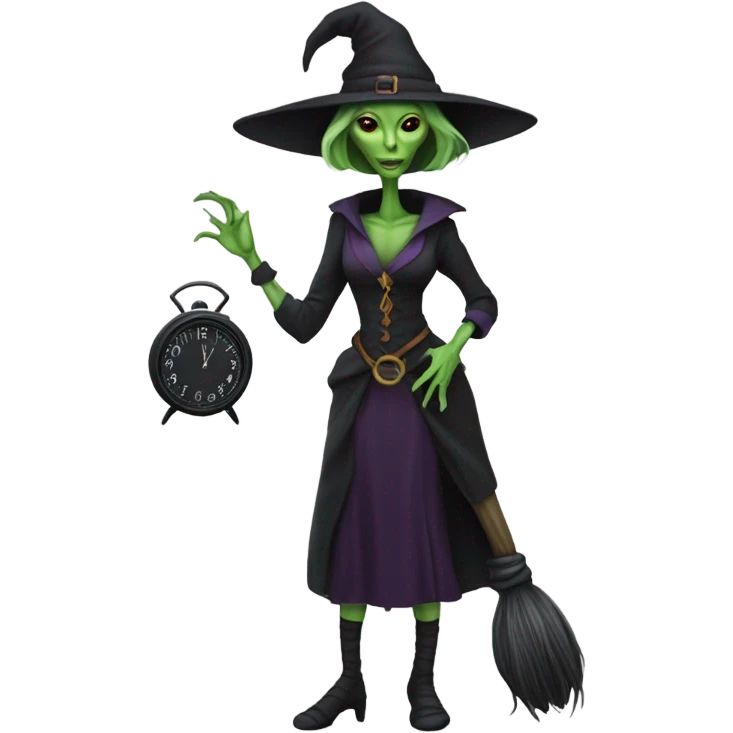 a Reptilian alien woman, as witch, holding holding a big clock, full body emoji