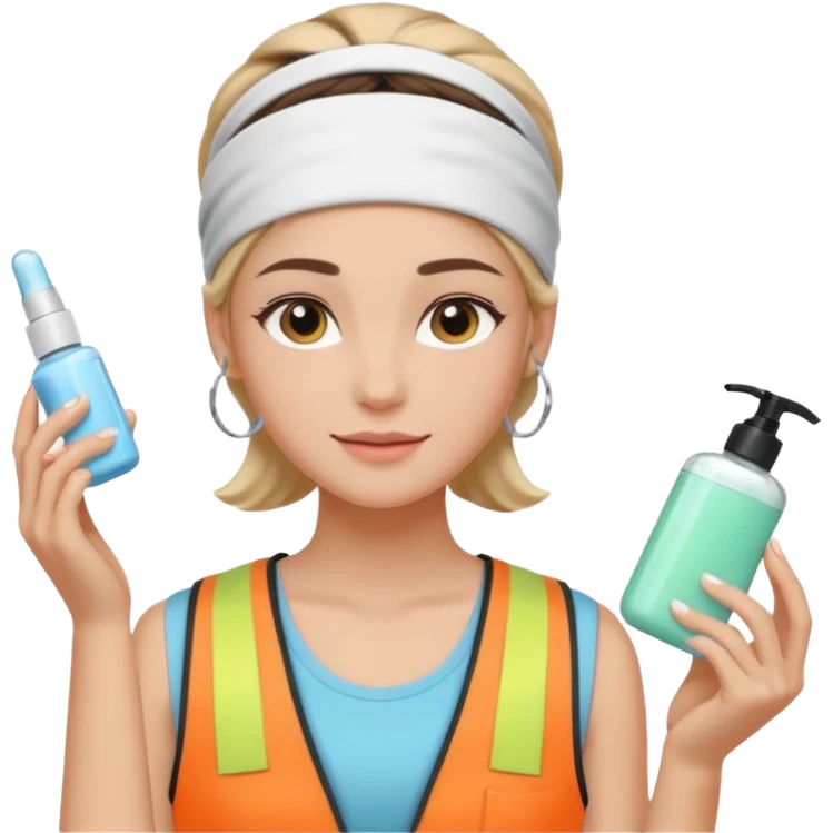 Clean girl aesthetic emoticons, apply skincare products, headband, glowing skin, vest, soft lighting
 emoji