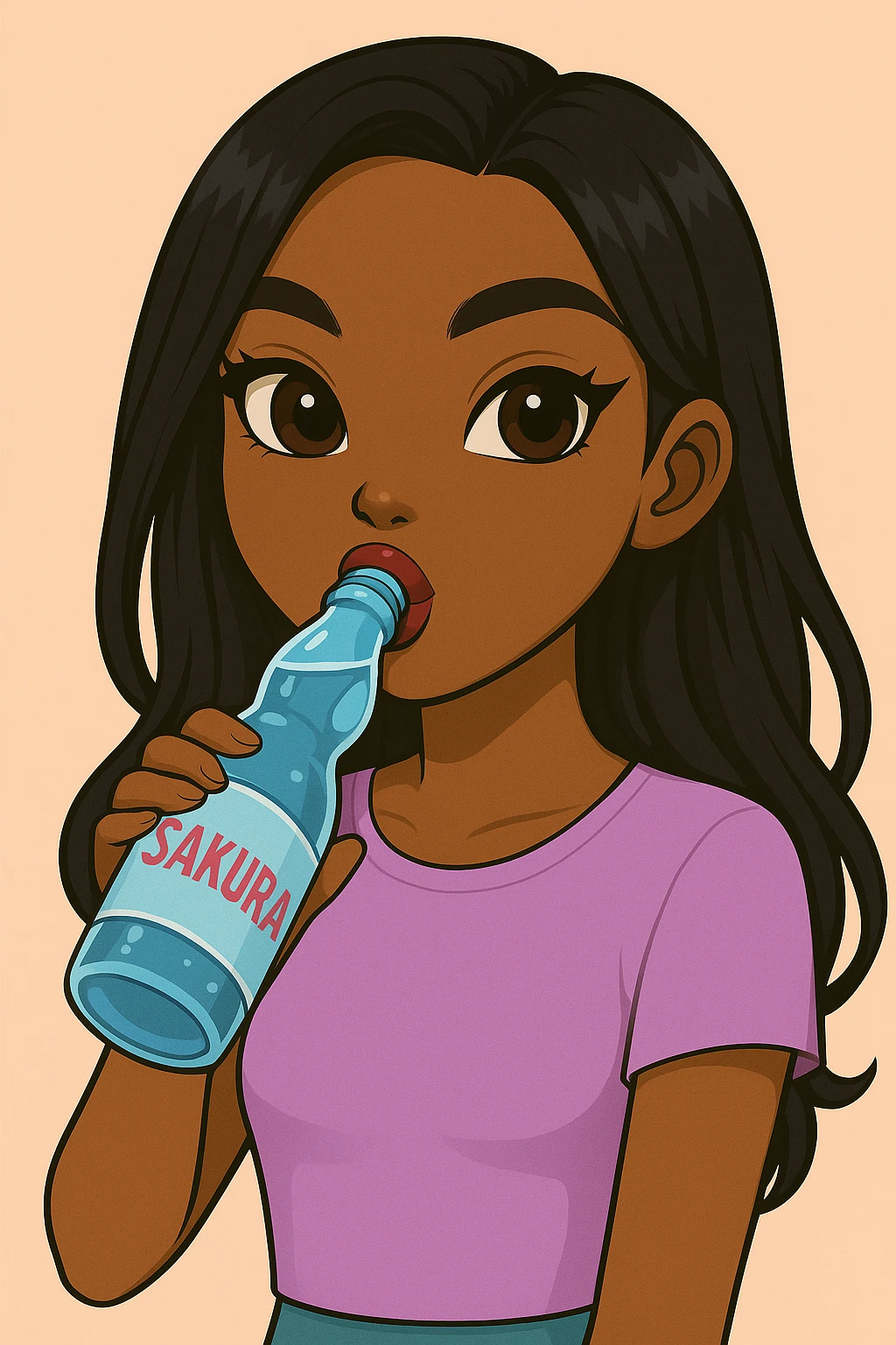Add the word 'Sakura' to the blue Ramune soda bottle label. Headshot only of a 20-year-old anime Bratz style woman with dark skin, straight hair, trendy outfit, big expressive eyes, glossy lips, no hat, no tears, happy expression, both eyes open, looking straight ahead, drinking blue Ramune soda from the classic glass bottle. emoji