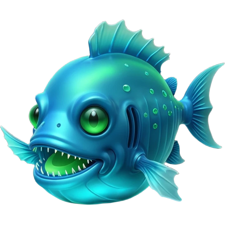 3D render of Anglerfish, bioluminescent deep sea style, glowing neon blue and green lights, dark background to contrast the glow, translucent organic textures, Apple emoji style, 3D render --v 6.0 emoji