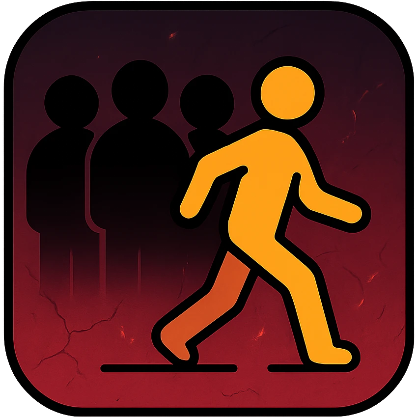 thumbnail with silhouette of person stepping away from shadowy figures, dark background with deep red and black gradients, faint cracks and spark effects emoji