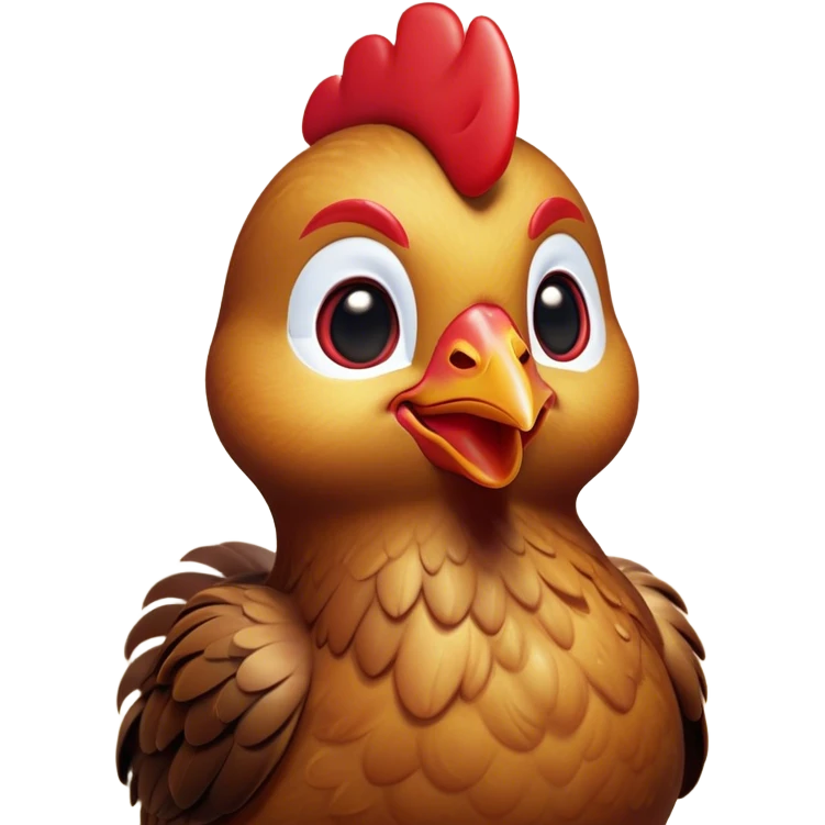 Cinematic Cute Brown Chicken Portrait Emoji, Head tilted playfully and inquisitively, featuring a lustrous brown feathered coat with a natural sheen and a subtle red comb, round, sparkling beady eyes filled with curiosity, Simplified yet irresistibly adorable features, highly detailed, glowing with a warm, friendly glow, high shine, affectionate and lively, stylized with a touch of country charm, bright and endearing, soft glowing outline, capturing the essence of a mischievous yet loving chicken, so playful it feels like it could peck out of the screen and into your arms! emoji