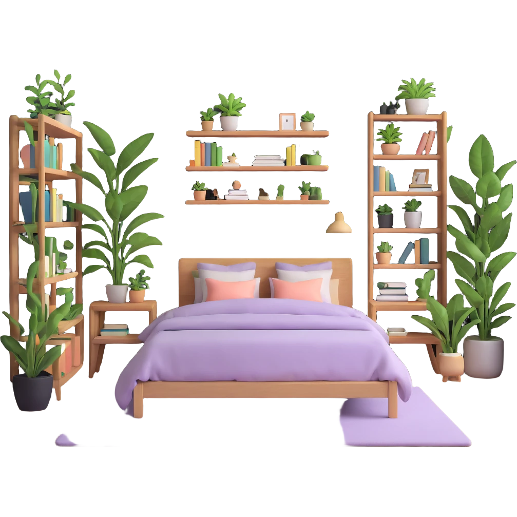 aesthetic bedroom with soft colors, plants, bookshelves, and study area emoji