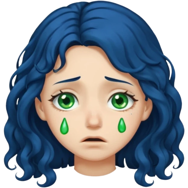 Girl with long  curly dark blue hair, green eyes, and very fair skin.crying emoji